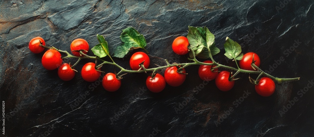 Poster fresh cherry tomatoes on a vine displayed against a dark stone background creating a vibrant culinar