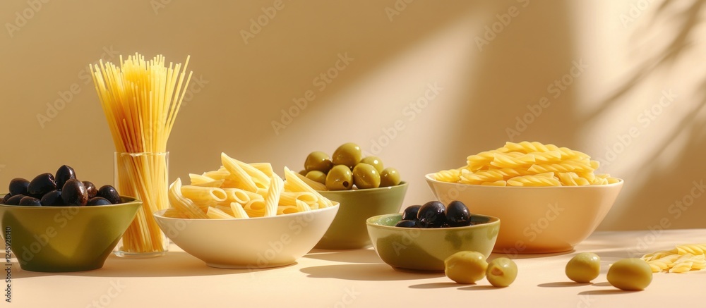 Poster bowls of assorted uncooked pasta varieties and olives arranged on a beige background showcasing culi
