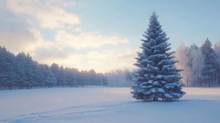 Obraz premium Snow-covered Christmas tree in serene winter landscape with blank space for holiday greetings or promotional text
