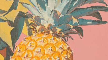 Close-up of a pineapple. the pineapple is in the center of the image, with its yellow flesh and green leaves surrounding it. the leaves are long and pointed, with a hint of blue at the tips.