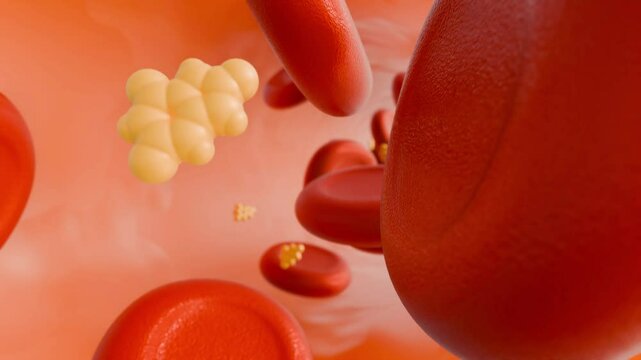 3D animation of uric acid molecules and red blood cells inside of blood vessel. Hyperuricemia occurs when there is too much uric acid in the blood.