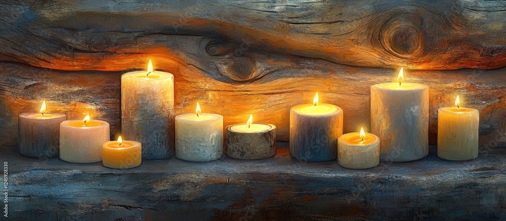Poster candles glowing warmly against a rustic firewood backdrop creating a cozy and inviting atmosphere