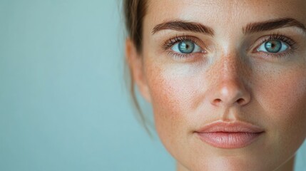 Naklejka premium Female face close-up showcasing results of lip augmentation filler before and after cosmetic procedure with space for text and branding.