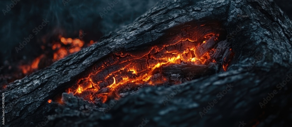 Poster close-up of smoldering flames on dark log in fireplace creating a cozy atmosphere with space for tex