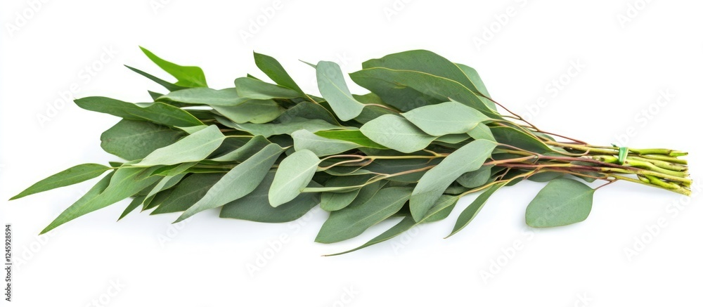 Poster Eucalyptus leaves arrangement on white background with ample space for text or branding in a clean and natural presentation.