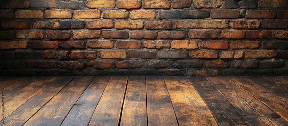 Poster textured brick wall and rustic wooden floor creating a warm inviting background for interior design 