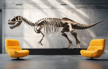 Gigantic T-Rex Skeleton in Modern Art Gallery with Minimalist Design and Yellow Chairs