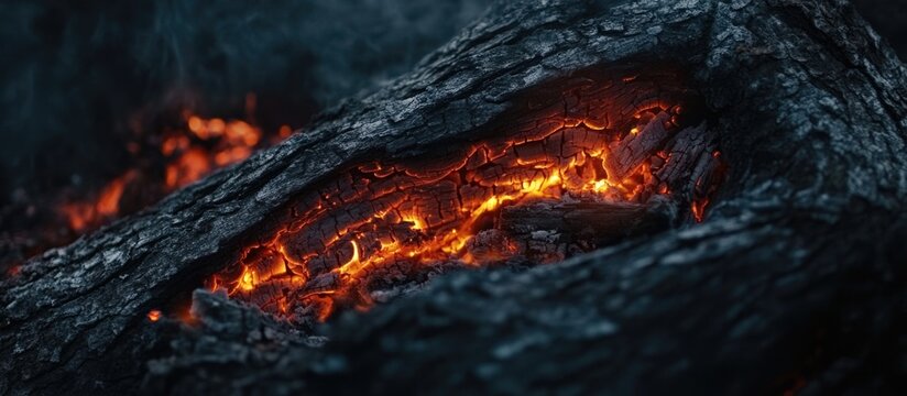Close-up of smoldering flames on dark log in fireplace creating a cozy atmosphere with space for text and vibrant orange hues of burning wood