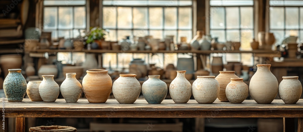 Poster traditional handcrafted pottery collection showcasing diverse shapes and textures in a rustic cerami