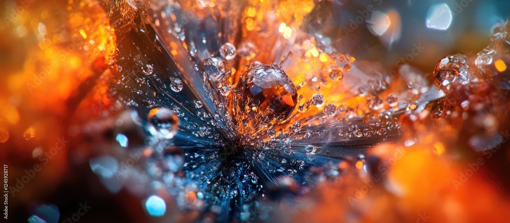 Poster Intricate crystal formations reflecting light with vibrant colors and water droplets creating a mesmerizing abstract background