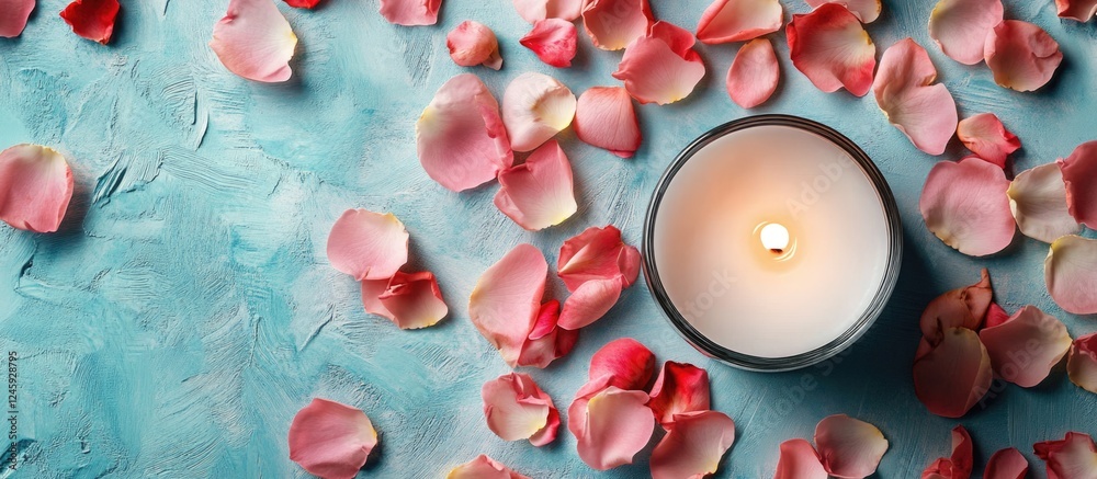 Poster candle surrounded by rose petals on turquoise background for relaxation and meditation with copy spa