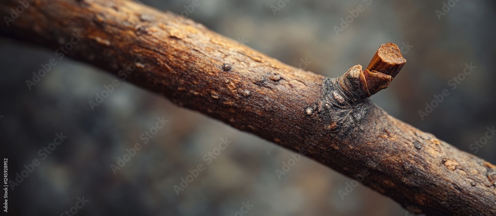 Poster Detailed close-up of a branch point on a spruce board showcasing natural wood textures and growth patterns in a blurred background environment