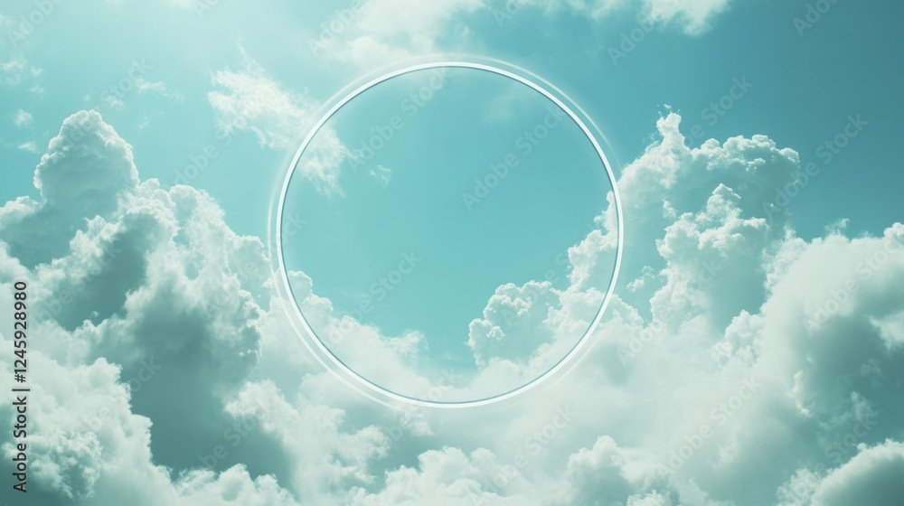 Poster circular frame in sky clouds with bright blue backdrop and ample space for personalized text or bran