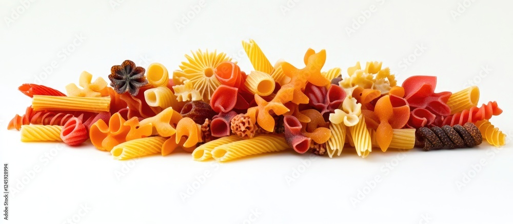Poster assorted pasta varieties including spaghetti, macaroni, and other shapes displayed on a white backgr