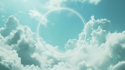 Circular frame in sky clouds with bright blue backdrop and ample space for personalized text or branding insertions.