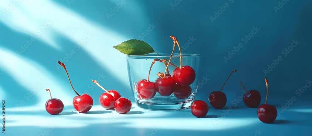 Poster red cherries in a glass container with scattered berries on a vibrant blue background creating a sun
