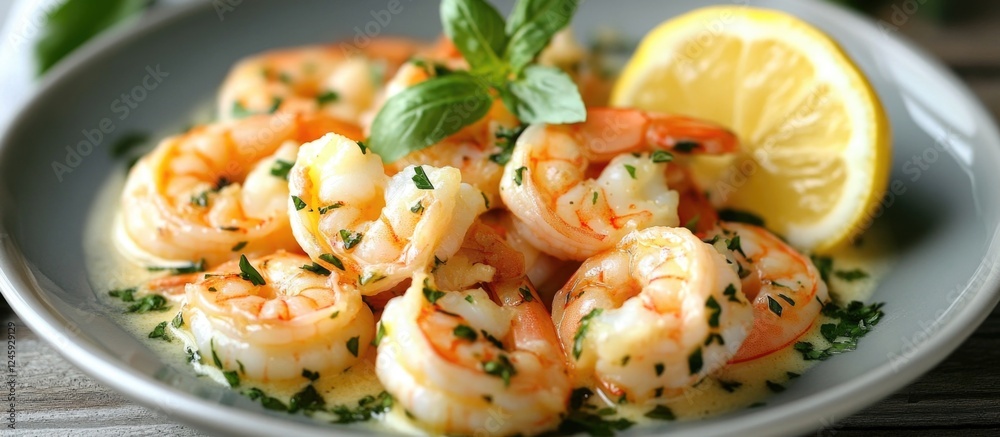 Aufkleber delicious butter prawn dish garnished with lemon and herbs served on a grey plate in a rustic settin