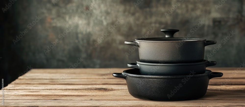 Poster Cast iron cookware neatly stacked on a rustic wooden table with an inviting kitchen backdrop and ample empty space for text or design elements