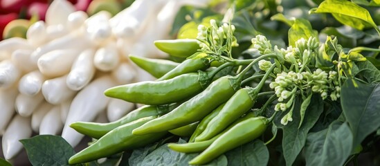 Obraz premium Fresh green chilies on a plant showcasing their growth stages in a lush garden setting with vibrant foliage and blossoms.