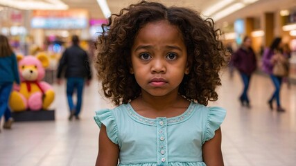 Young child standing alone in a vibrant shopping mall, expressing curiosity and wonder while surrounded by colorful decorations and casual shoppers during a busy afternoon
