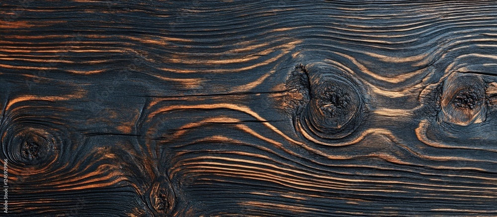 Leinwandbilder Dark charred wood texture with unique grain patterns suitable for backgrounds and design projects. High-quality rustic material visual.