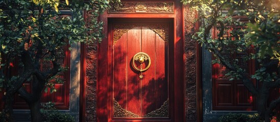 Traditional Crimson Wooden Door with Golden Knocker Surrounded by Lush Greenery in Chinese Architecture