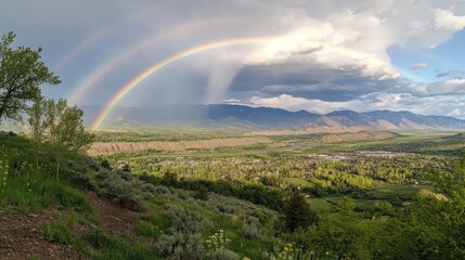 Double Rainbow Over Mountain Valley Landscape With Lush Greenery and Clouds