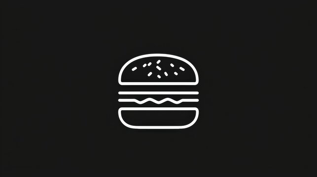 Simple line drawing of a hamburger icon on a black background. the hamburger is in the shape of a circle with a bun on top, filled with small white dots.
