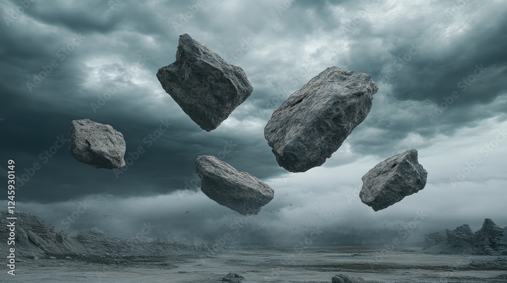 Poster floating rocks suspended in mid-air under a dramatic, stormy sky, creating a surreal and magical atm