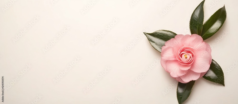 Poster camellia sasanqua flower with green leaves on light background blank space for text in nature settin