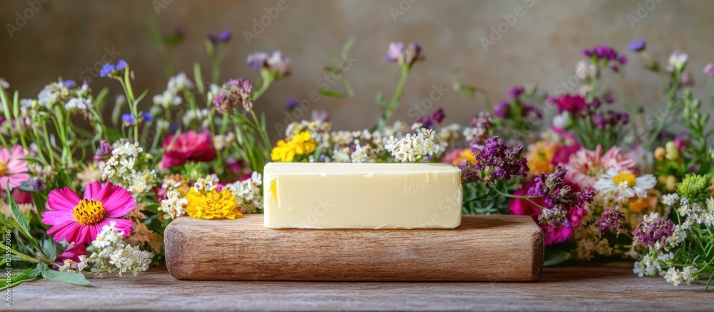 Poster butter on wooden holder surrounded by colorful flowers in a rustic setting close up for culinary or 
