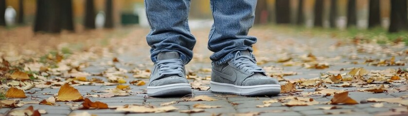 Person walking on autumn leaves path, park background, fall season lifestyle image