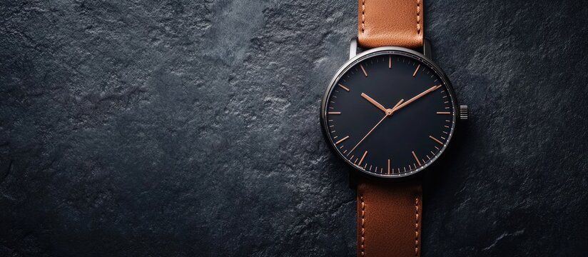 Elegant brown wristwatch on dark textured background with ample space for text or branding elements.