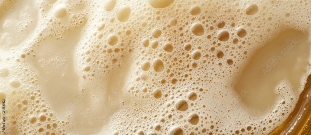 Poster top view of frothy beer foam in a glass, showcasing detailed textures and bubbles for creative bever