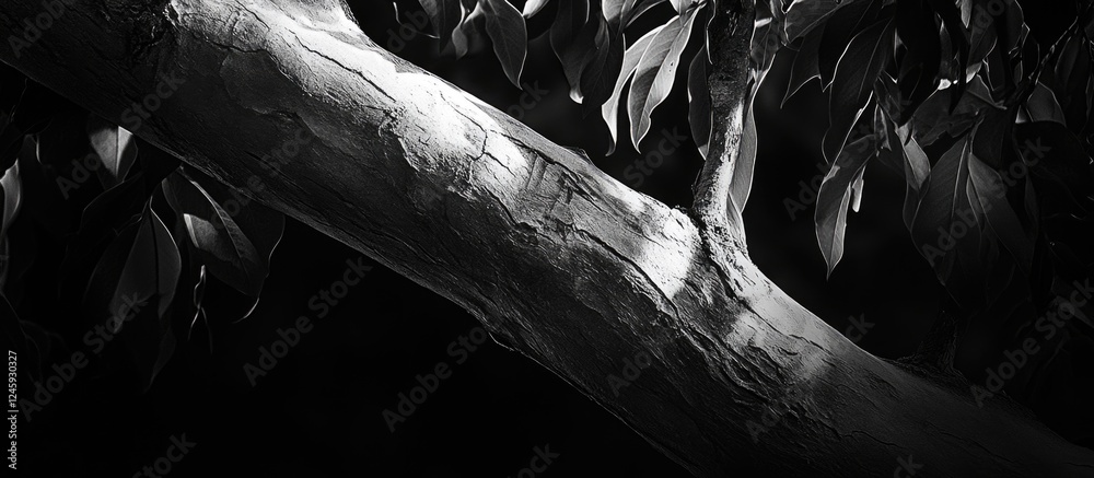 Poster black and white close-up of a textured tree branch highlighting natural patterns and contrasts in a 