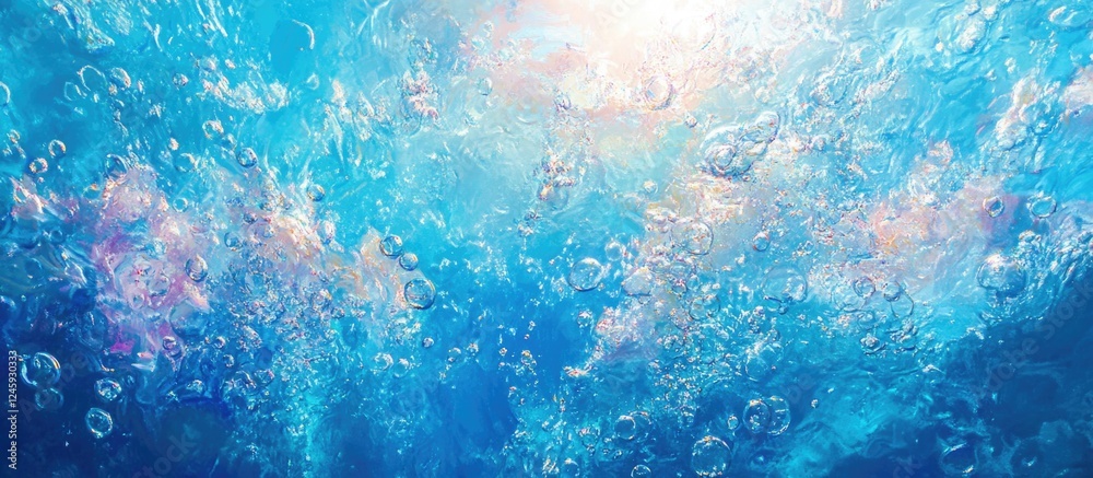 Aufkleber Underwater scene featuring vibrant blue water with bubbles rising towards the surface creating a tranquil and serene atmosphere.