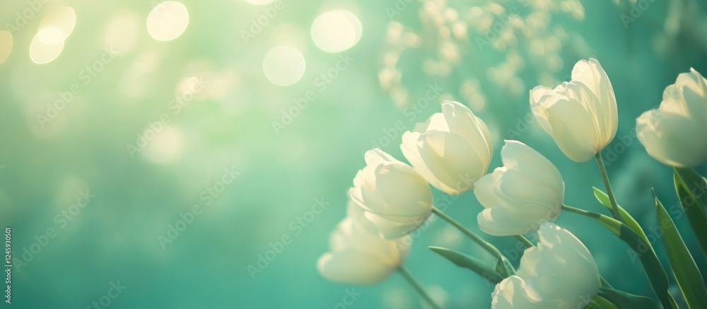 Poster Elegant white tulip bouquet against a soft pastel green background with light bokeh effects creating a serene and fresh atmosphere.
