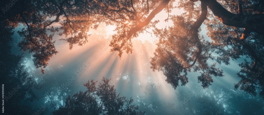 Poster Sunlight filtering through tree branches in a serene forest scene with a dramatic cloudy sky backdrop and ethereal light rays.