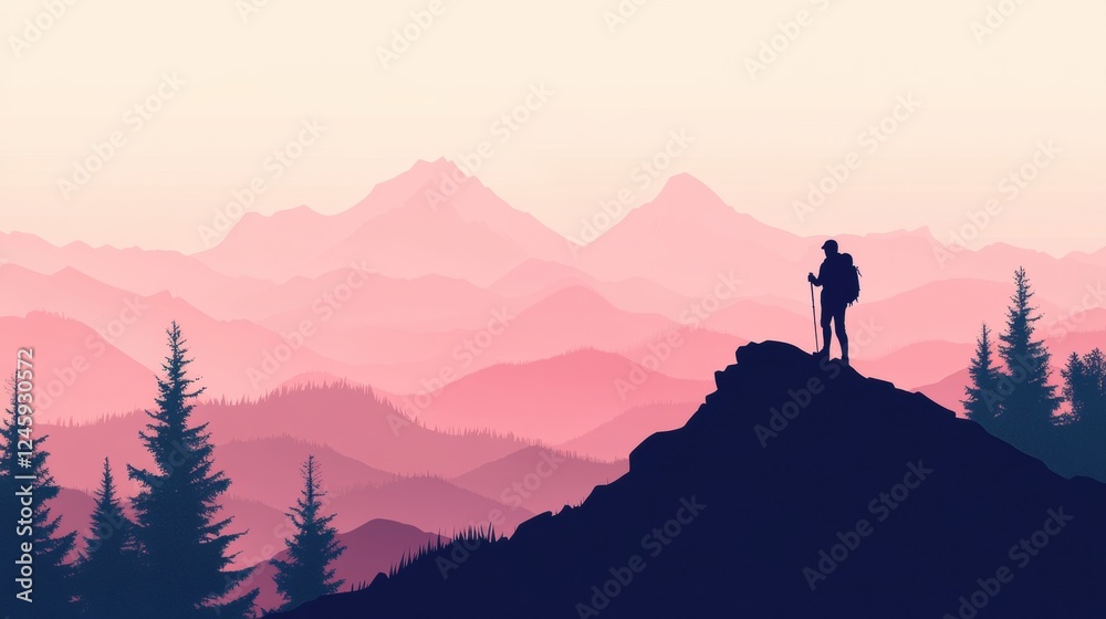 Poster silhouette of a hiker with a backpack standing on a mountain ridge during dusk. generative ai