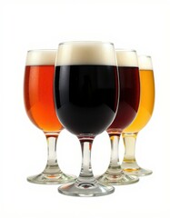 A row of four stemmed glasses filled with different types of beer are arranged against a bright white backdrop