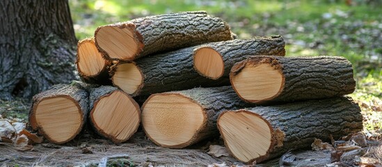 Stacked firewood logs in a natural outdoor setting, showcasing the texture and color of the rough wood cut into manageable pieces.