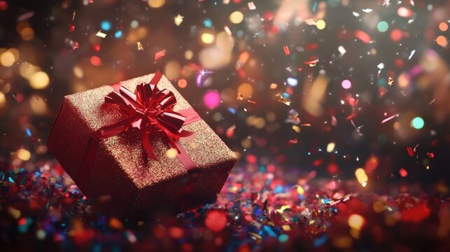 Festive Christmas background featuring an open gift box surrounded by colorful confetti and ample space for personalized text or messages