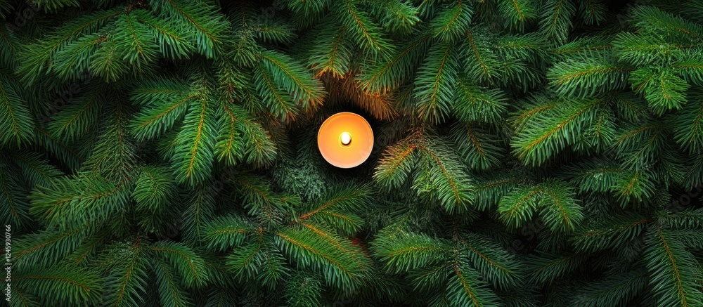 Aufkleber Candle glowing amidst lush evergreen branches creating a warm festive atmosphere with space for holiday message or text insertion