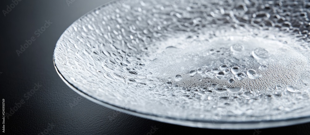 Poster elegant glass plate with cold droplets showcasing textured surface and reflective qualities on a dar