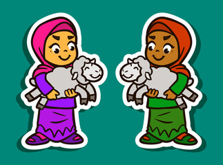 Naklejka premium Sticker Illustration of a Muslim Girl with Lamb