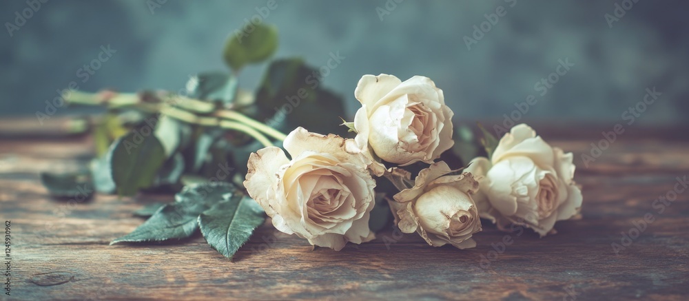Poster bouquet of wilted white roses with drooping buds on a rustic wooden table setting