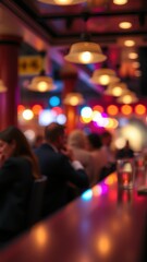 Busy bar atmosphere with colorful lights and lively conversations during an evening gathering