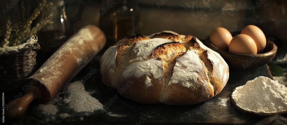 Poster rustic homemade bread on a dark surface with rolling pin, eggs, and flour, creating an inviting culi