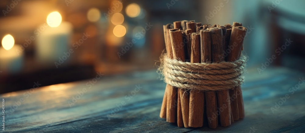 Poster Bunch of tied cinnamon sticks arranged in a rustic setting with soft glowing candlelight background