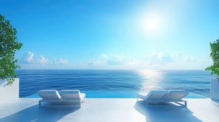 Fototapeta premium Luxury Modern Villa Ocean View Lounge Terrace Santorini Style 3D Rendering